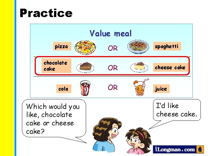 Practice Value meal pizza OR spaghetti chocolate cake OR cheese cake cola OR juice