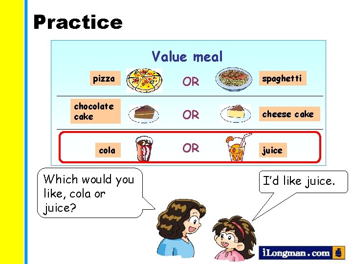 Practice Value meal pizza OR spaghetti chocolate cake OR cheese cake cola OR juice