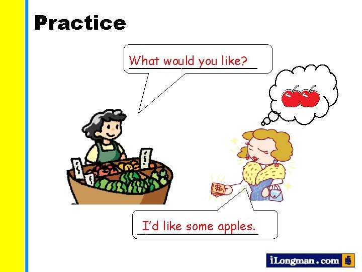 Practice What would you like? _________ I’d like some apples. ________ 