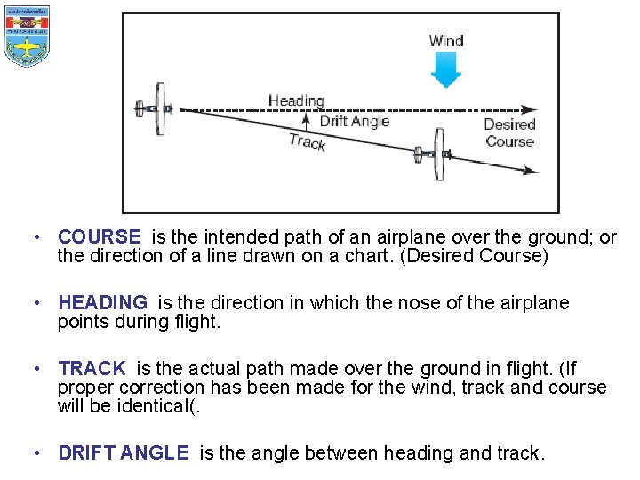  • COURSE is the intended path of an airplane over the ground; or