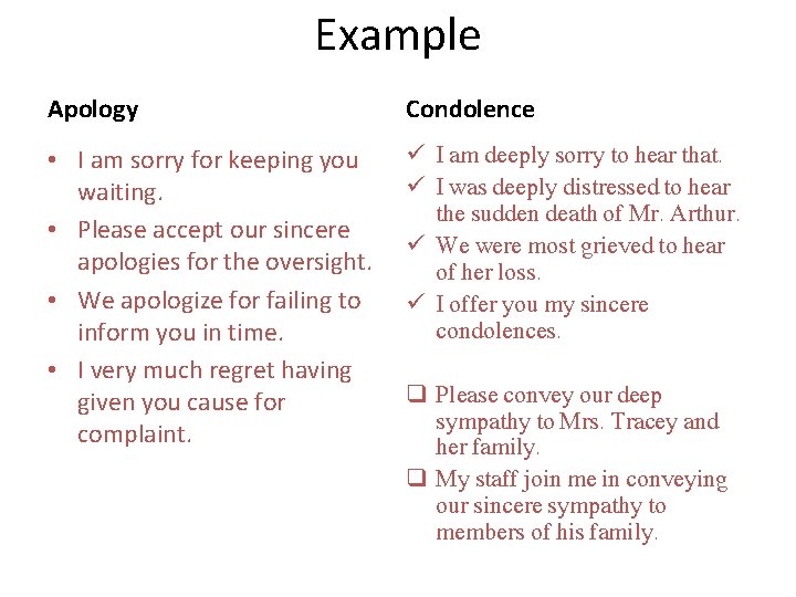 Example Apology Condolence • I am sorry for keeping you waiting. • Please accept