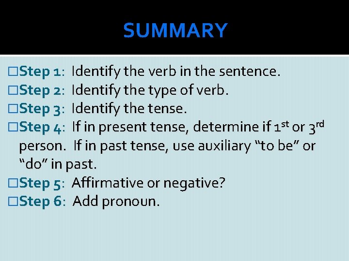 SUMMARY �Step 1: �Step 2: �Step 3: �Step 4: Identify the verb in the
