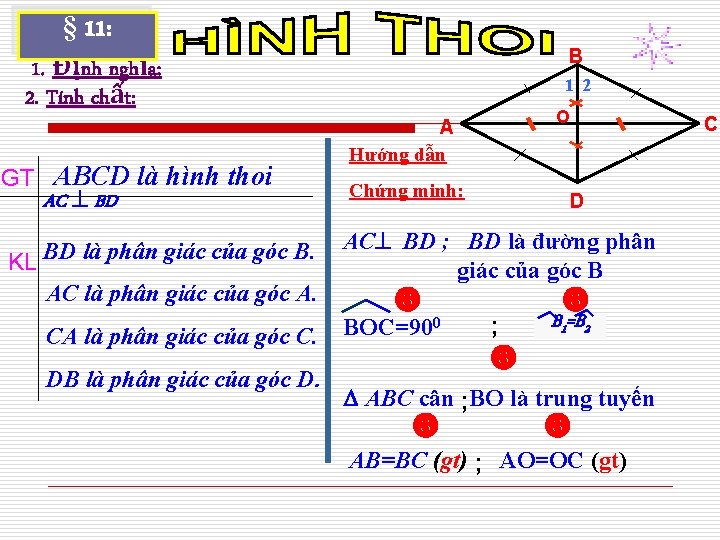 § 11: 1. Định nghĩa: 2. Tính chất: GT ABCD là hình thoi AC