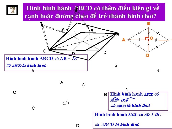 Hình bình hành ABCD có thêm điều kiện gì về. cạnh hoặc đường chéo