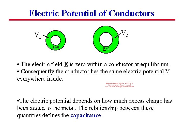 Electric Potential of Conductors V 2 V 1 E=0 • The electric field E