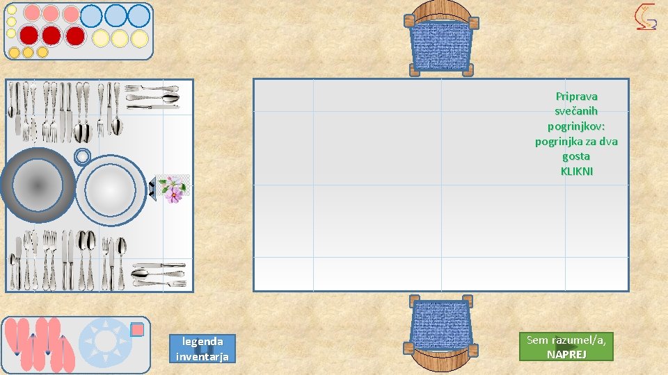 Priprava svečanih pogrinjkov: pogrinjka za dva gosta KLIKNI legenda inventarja Sem razumel/a, NAPREJ 