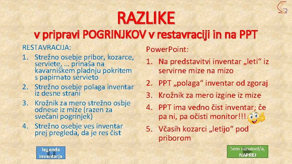 RAZLIKE v pripravi POGRINJKOV v restavraciji in na PPT RESTAVRACIJA: 1. Strežno osebje pribor,