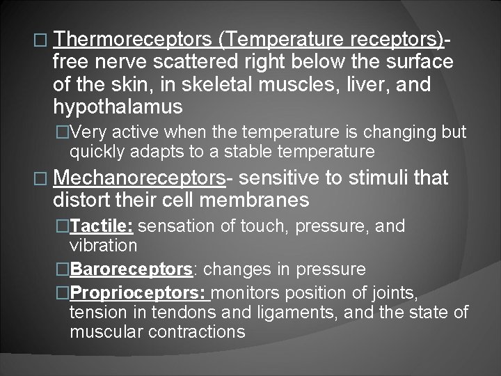 � Thermoreceptors (Temperature receptors)free nerve scattered right below the surface of the skin, in