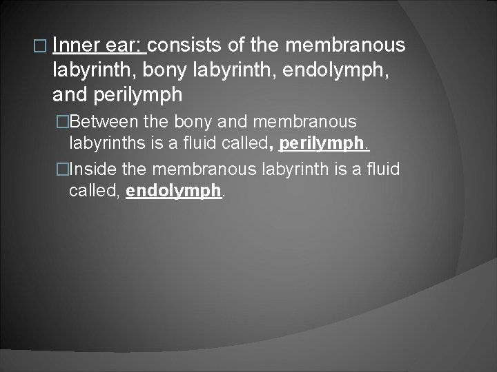 � Inner ear: consists of the membranous labyrinth, bony labyrinth, endolymph, and perilymph �Between