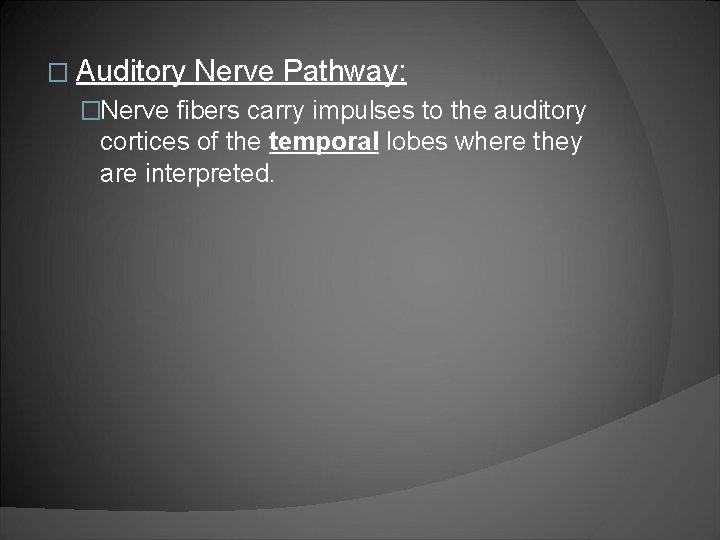 � Auditory Nerve Pathway: �Nerve fibers carry impulses to the auditory cortices of the