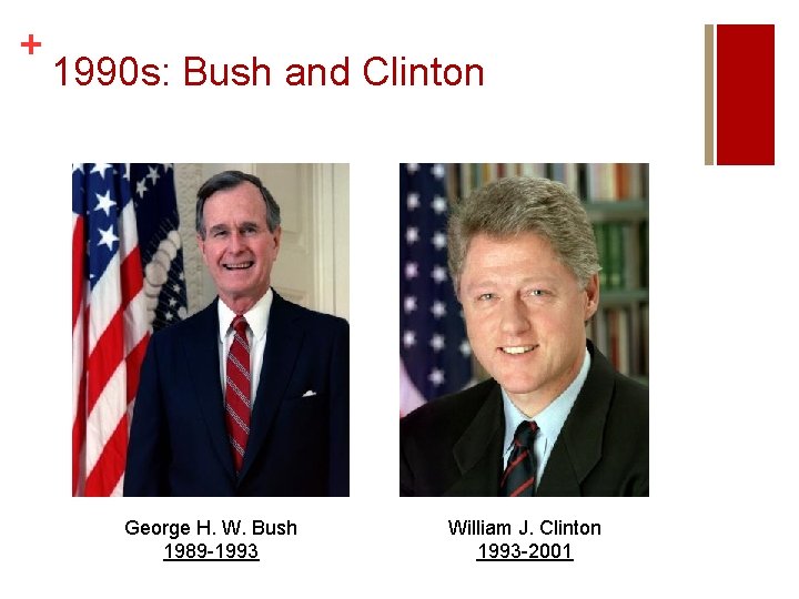 + 1990 s: Bush and Clinton George H. W. Bush 1989 -1993 William J. + 1990 s: Bush and Clinton George H. W. Bush 1989 -1993 William J.