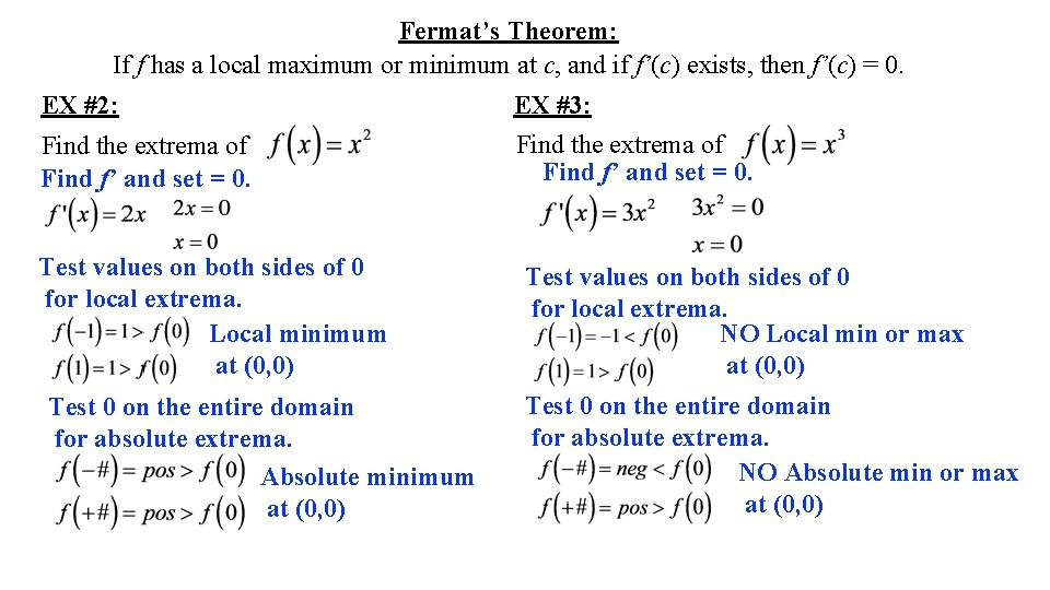 Fermat’s Theorem: If f has a local maximum or minimum at c, and if