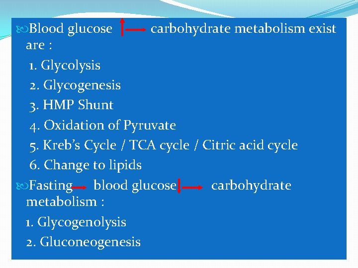  Blood glucose carbohydrate metabolism exist are : 1. Glycolysis 2. Glycogenesis 3. HMP