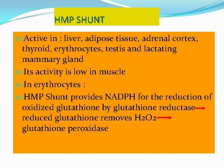 HMP SHUNT Active in : liver, adipose tissue, adrenal cortex, thyroid, erythrocytes, testis and