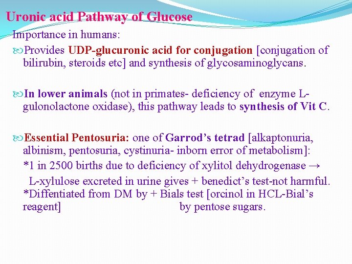 Uronic acid Pathway of Glucose Importance in humans: Provides UDP-glucuronic acid for conjugation [conjugation