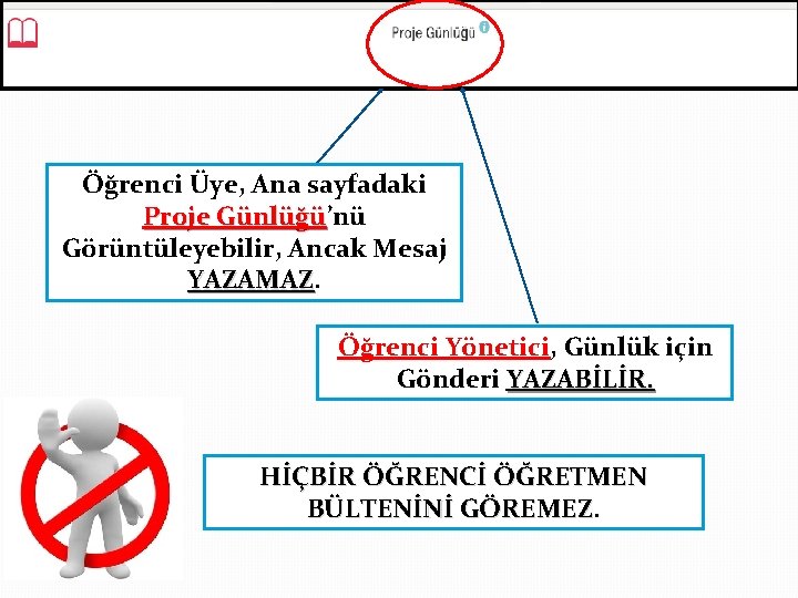 Öğrenci Üye, Ana sayfadaki Proje Günlüğü’nü Günlüğü Görüntüleyebilir, Ancak Mesaj YAZAMAZ Öğrenci Yönetici, Günlük