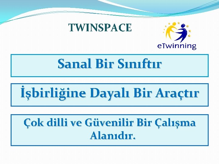 TWINSPACE Sanal Bir Sınıftır İşbirliğine Dayalı Bir Araçtır Çok dilli ve Güvenilir Bir Çalışma