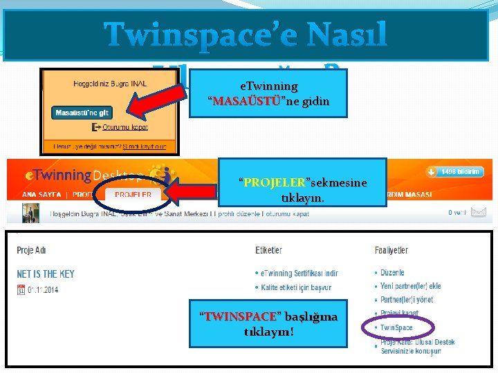 Twinspace’e Nasıl Ulaşacağız? e. Twinning “MASAÜSTÜ”ne gidin “PROJELER”sekmesine tıklayın. “TWINSPACE” başlığına tıklayın! 