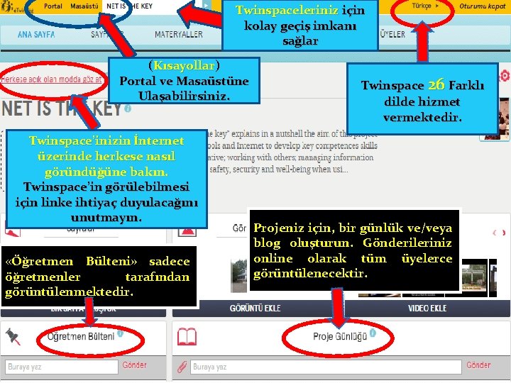 Twinspaceleriniz için kolay geçiş imkanı sağlar (Kısayollar) Portal ve Masaüstüne Ulaşabilirsiniz. Twinspace 26 Farklı