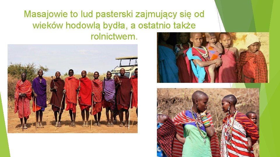 Masajowie to lud pasterski zajmujący się od wieków hodowlą bydła, a ostatnio także rolnictwem.