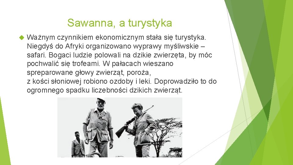 Sawanna, a turystyka Ważnym czynnikiem ekonomicznym stała się turystyka. Niegdyś do Afryki organizowano wyprawy