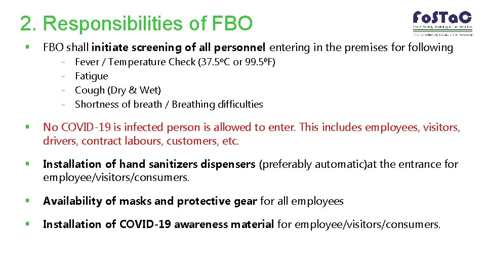 2. Responsibilities of FBO § FBO shall initiate screening of all personnel entering in