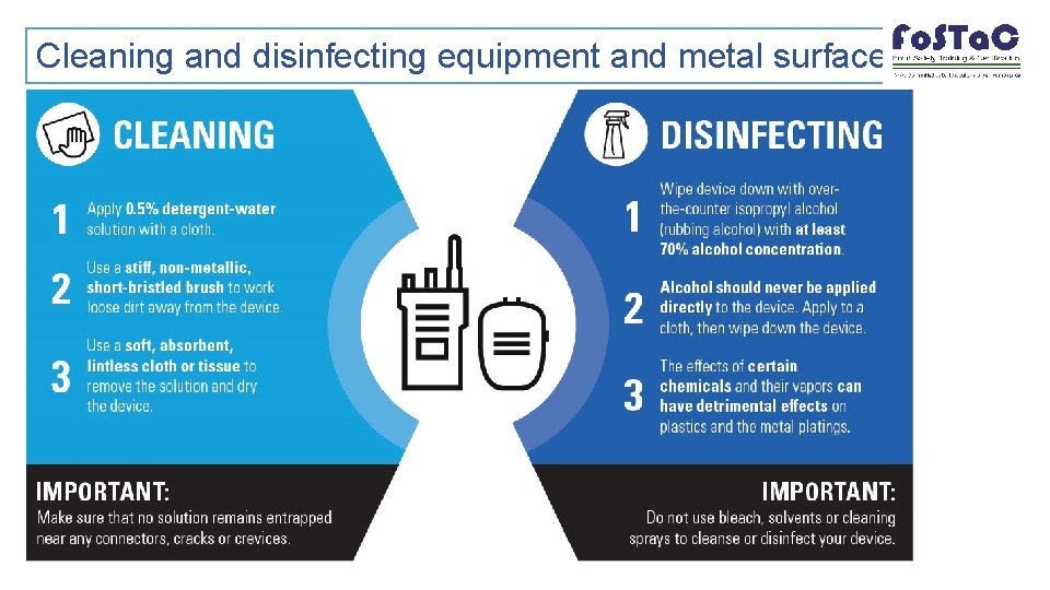 Cleaning and disinfecting equipment and metal surfaces 