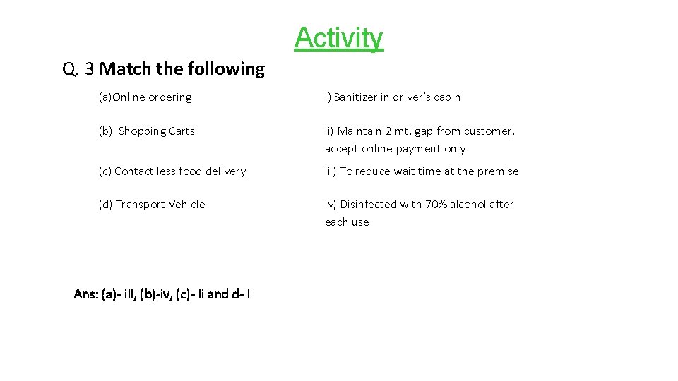 Activity Q. 3 Match the following (a)Online ordering i) Sanitizer in driver’s cabin (b)