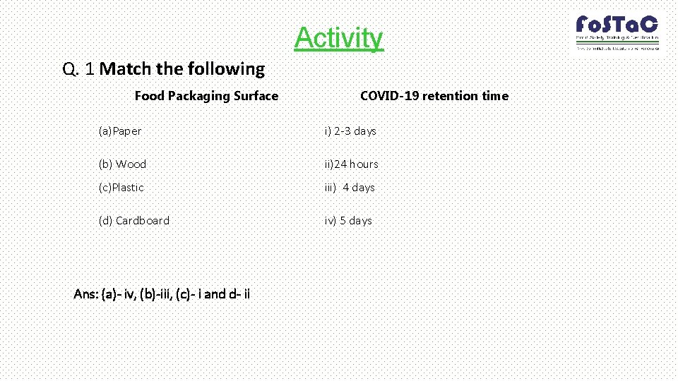 Activity Q. 1 Match the following Food Packaging Surface COVID-19 retention time (a)Paper i)