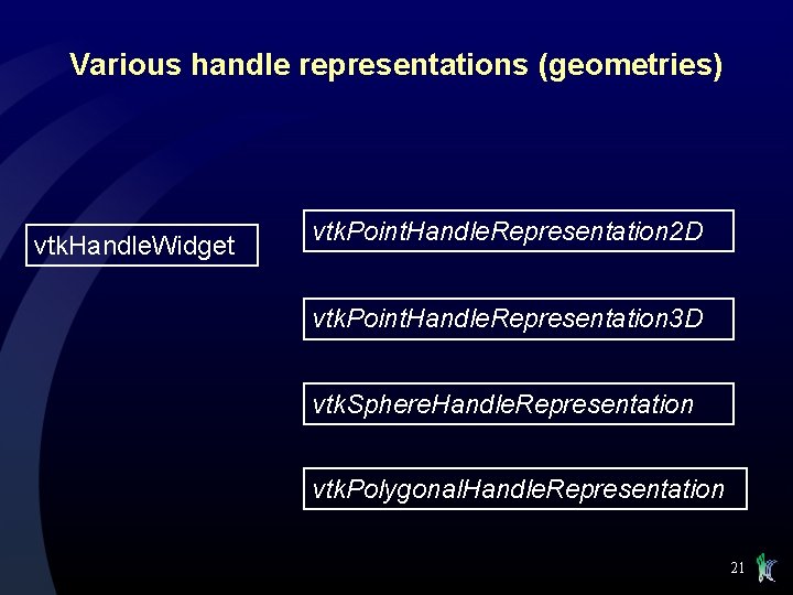 Various handle representations (geometries) vtk. Handle. Widget vtk. Point. Handle. Representation 2 D vtk.