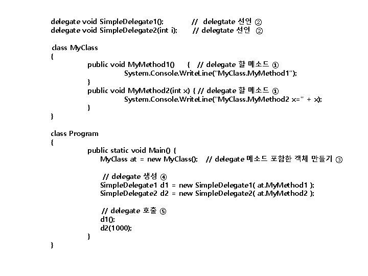 delegate void Simple. Delegate 1(); delegate void Simple. Delegate 2(int i); // delegtate 선언