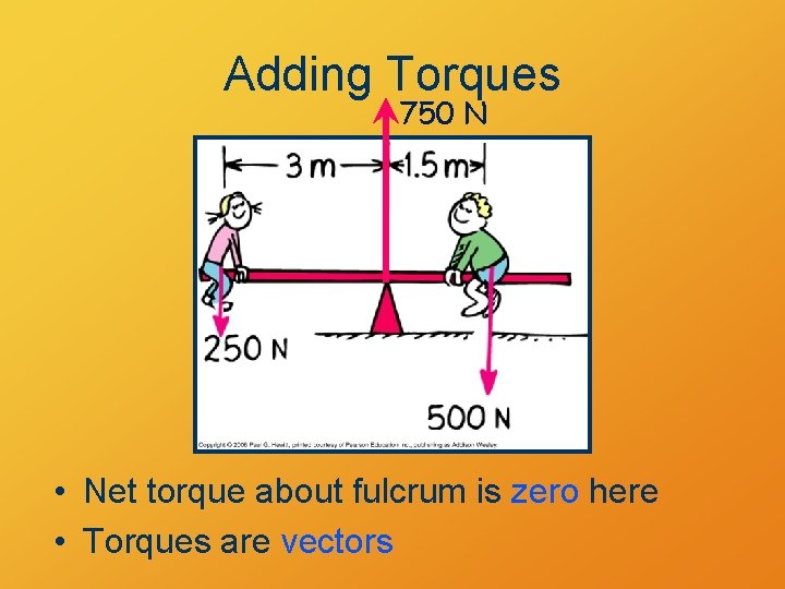 Adding Torques 750 N • Net torque about fulcrum is zero here • Torques