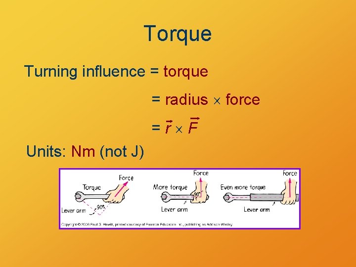 Torque Turning influence = torque = radius force =r F Units: Nm (not J)