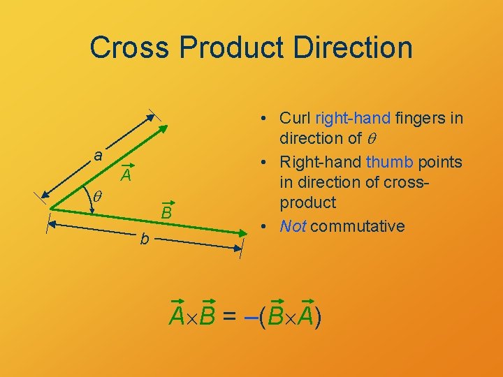 Cross Product Direction a q A B b • Curl right-hand fingers in direction