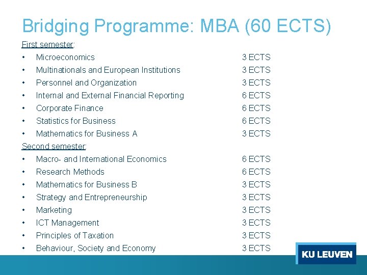 Bridging Programme: MBA (60 ECTS) First semester: • • Microeconomics 3 ECTS Multinationals and