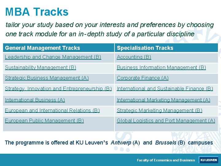 MBA Tracks tailor your study based on your interests and preferences by choosing one