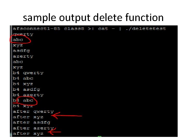 sample output delete function 