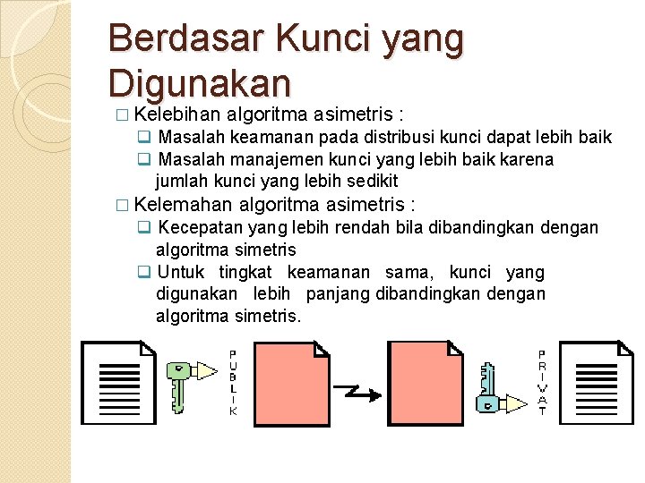 Berdasar Kunci yang Digunakan � Kelebihan algoritma asimetris : q Masalah keamanan pada distribusi