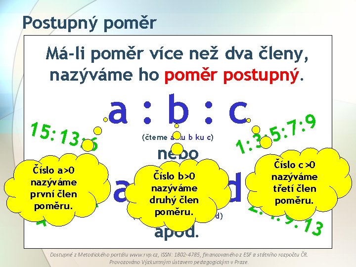 Postupný poměr Má-li poměr více než dva členy, nazýváme ho poměr postupný. 15: 1