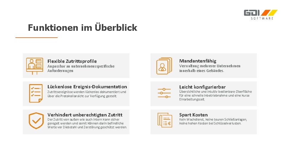 Funktionen im Überblick Flexible Zutrittsprofile Mandantenfähig Lückenlose Ereignis-Dokumentation Leicht konfigurierbar Verhindert unberechtigten Zutritt Spart