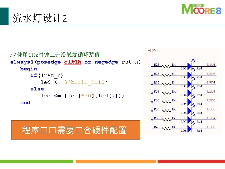 流水灯设计 2 //使用 1 Hz时钟上升沿触发循环赋值 always@(posedge clk 1 h or negedge rst_n) begin if(!rst_n)