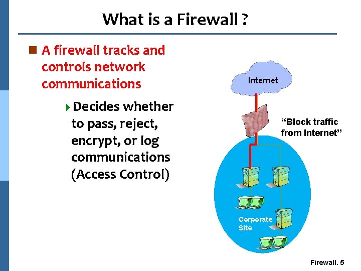 What is a Firewall ? n A firewall tracks and controls network communications Internet