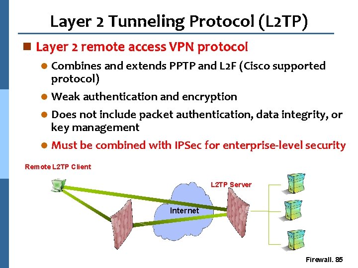 Layer 2 Tunneling Protocol (L 2 TP) n Layer 2 remote access VPN protocol