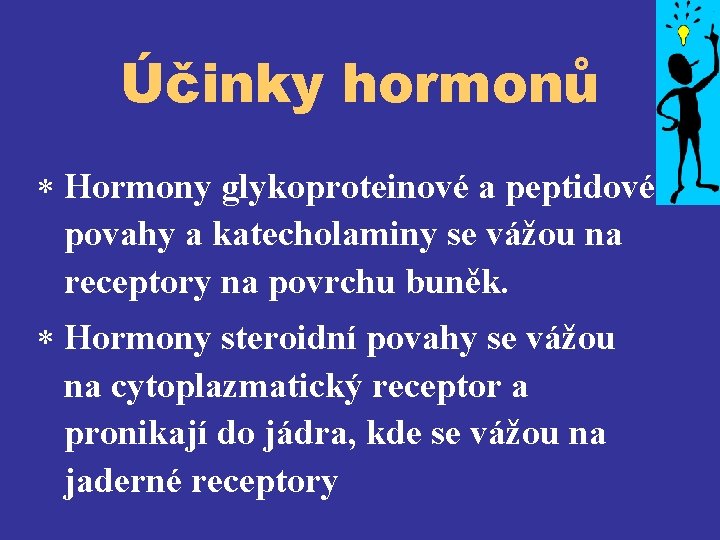 Účinky hormonů * Hormony glykoproteinové a peptidové povahy a katecholaminy se vážou na receptory