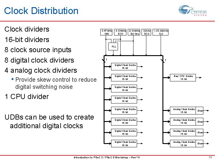 Clock Distribution Clock dividers 16 -bit dividers 8 clock source inputs 8 digital clock