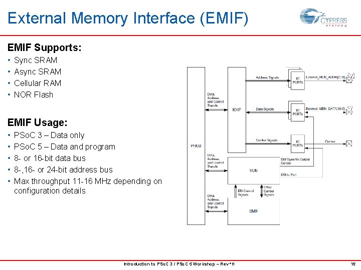 External Memory Interface (EMIF) EMIF Supports: • • Sync SRAM Async SRAM Cellular RAM