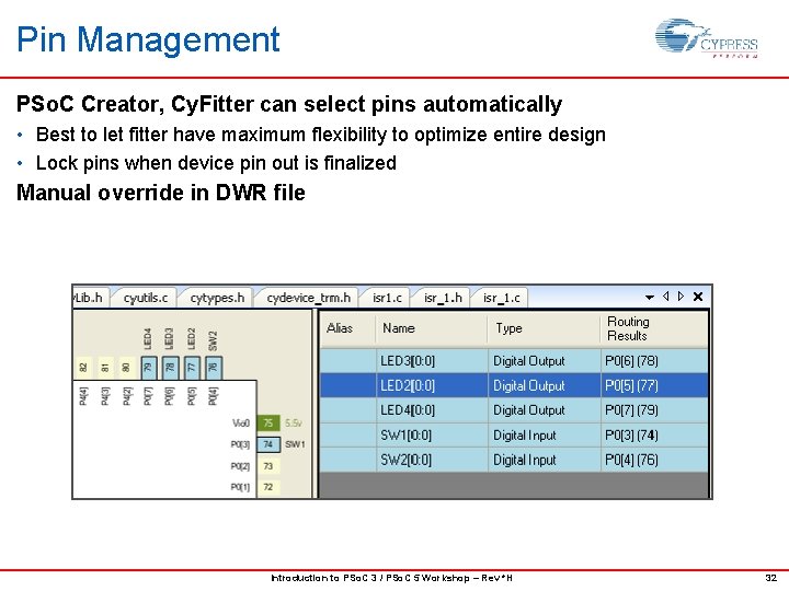 Pin Management PSo. C Creator, Cy. Fitter can select pins automatically • Best to