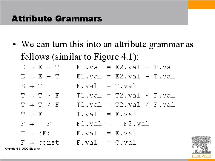 Attribute Grammars • We can turn this into an attribute grammar as follows (similar