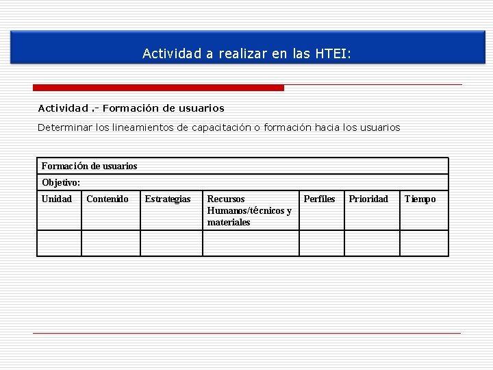 Actividad a realizar en las HTEI: Actividad. - Formación de usuarios Determinar los lineamientos