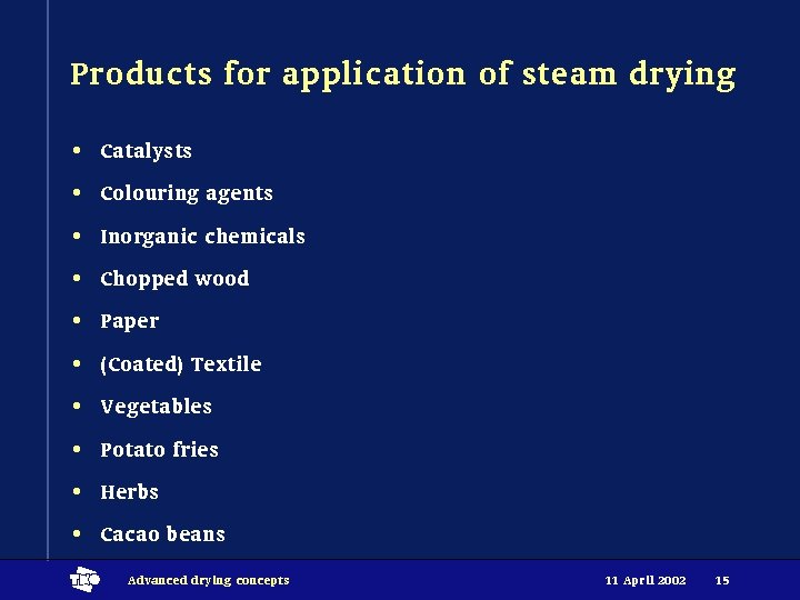 Products for application of steam drying • Catalysts • Colouring agents • Inorganic chemicals